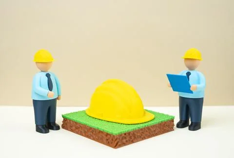 Builders and a hard hat on a plot of land. New construction on a constructi.. Stock Photos
