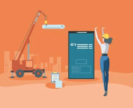 Builders and smartphone with webpage under cosntruction Ilustración de archivo