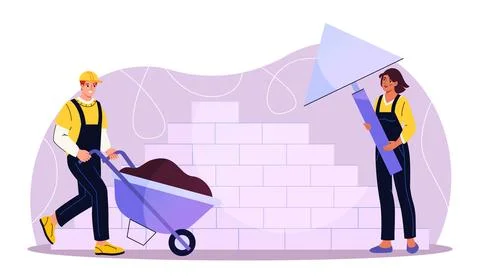 Builders with bricks. Man with cart and woman with shovel building brick wall Stock Illustration