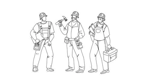 Builders With Building Equipment And Plan Vector Ilustración de archivo