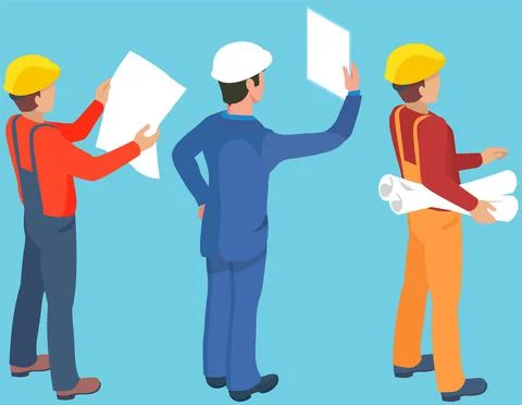 Builders on building site look at plan. Business plan development. Architect Ilustración de archivo