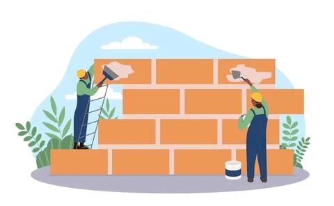Builders building wall. Men in uniform and helmets lay bricks. Construction Ilustración de archivo