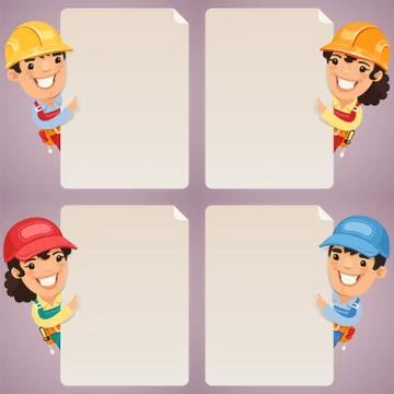 Builders cartoon characters looking at blank poster set Stock Illustration