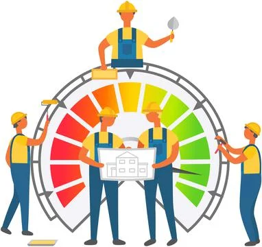 Builders on construction site. Building work process, workers watching project Ilustración de archivo