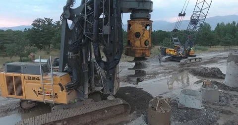 Builders On A Construction Site. Drilling Wells For Bored Piles Stock Footage 75688901