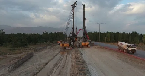 Builders On A Construction Site. Drilling Wells For Bored Piles Stock Footage 75689160