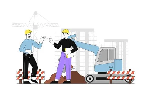 Builders on construction site. Two men in construction hats near excavator Stock Illustration