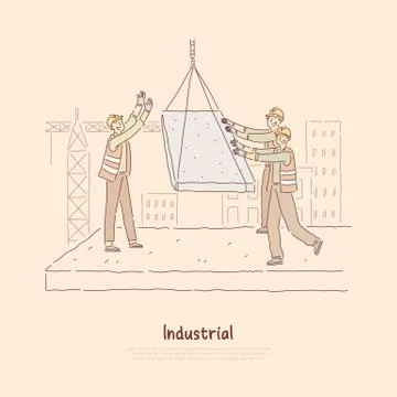 Builders at construction site, workers in uniform building multi storey house Ilustración de archivo