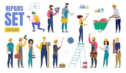 Builders, Construction Workers Flat Characters Set Stock Illustration