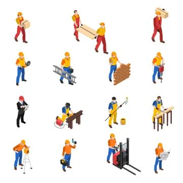 Builders Construction Workers Isometric Icons Collection Stock Illustration