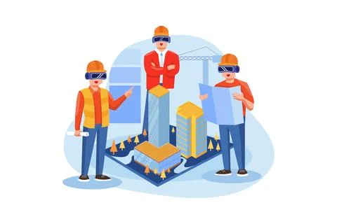 Builders Create Building Plans Using VR Tech Stock Illustration