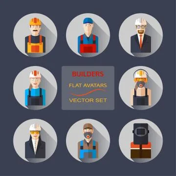 Builders flat isolated avatars vector set. Stock Illustration