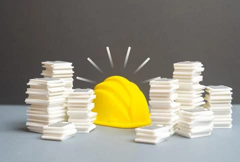 A builder's hard hat amid mountains of paperwork and documents. The bureauc.. Stockfoto's