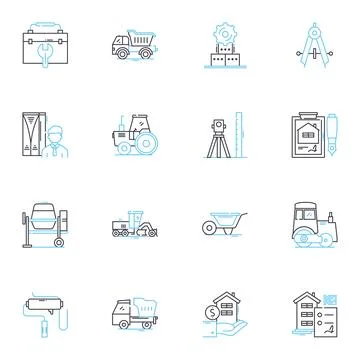 Builders linear icons set. Construction, Renovation, Framing, Carpentry, Masonry Stock Illustration