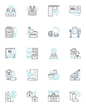 Builders linear icons set. Construction, Renovation, Framing, Carpentry, Masonry Stock Illustration
