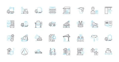 Builders linear icons set. Construction, Renovation, Framing, Carpentry, Masonry Stock Illustration