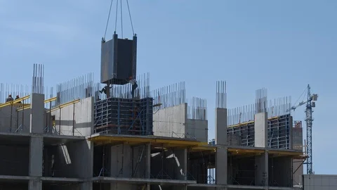 Builders make walls on Residential Building Construction Site. Aerial shot Stock Footage 98595992