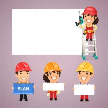 Builders Presenting Empty Banners Stock Illustration
