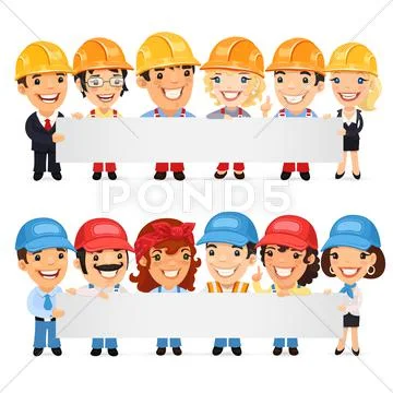 Builders Presenting Empty Horizontal Banner Stock Illustration