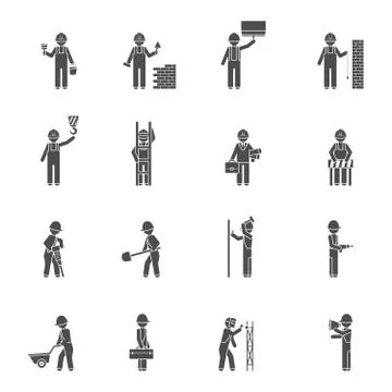 Builders Silhouette Flat Icon Set Stock Illustration