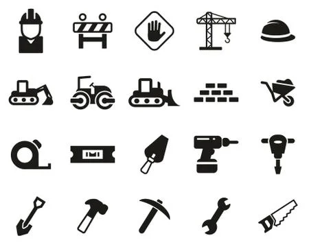 Builders Site Or Construction Site Icons Black &amp; White Set Big Illustrazione stock