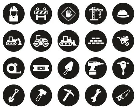Builders Site Or Construction Site Icons White On Black Flat Deisgn Circle Se Stock Illustration