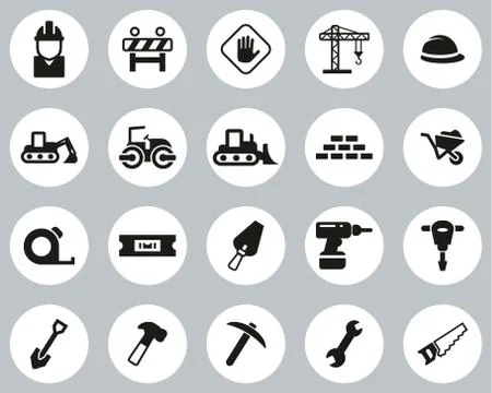 Builders Site Or Construction Site Icons Black &amp; White Flat Deisgn Circle Set Stock Illustration