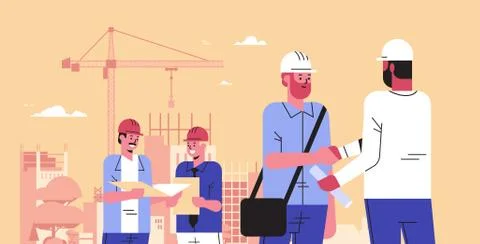 Builders team shaking hands during meeting mix race engineers workers in helmet Stock Illustration
