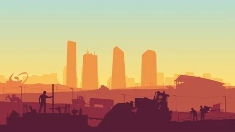 Builders teams at work on huge construction Stock Illustration