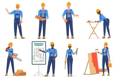 Builders in uniform flat vector characters set. Construction workers in blue Stock Illustration