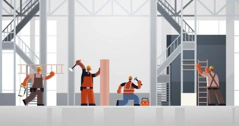Builders using hammer and ladder busy workmen carpenters team in uniform working Illustrazione stock