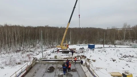 Builders work on construction site of Bogorodsky overbridge Stock Footage 74456542