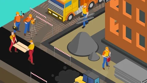 Builders work at construction site video animation footage Vídeos de archivo 71026481