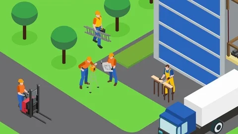 Builders work at construction site video animation footage Vídeos de archivo 71058603