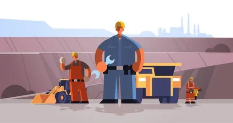 Builders workmen using wrench and jackhammer industrial construction workers  Illustrazione stock