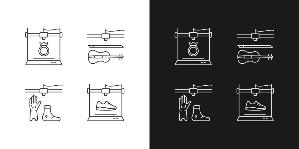 Building 3d objects process linear icons set for dark and light mode Ilustración de archivo