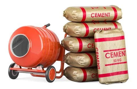 Building and construction, concept. Cement mixer with cement bags. 3D renderi Ilustración de archivo