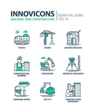 Building and construction line design icons Stock Illustration