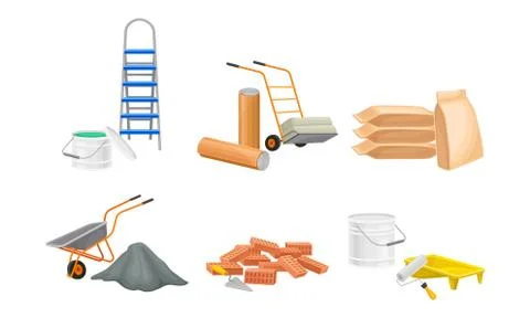 Building and Construction Materials Like Cement and Bricks Vector Set Ilustración de archivo