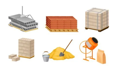 Building and Construction Materials Like Cement and Bricks Vector Set Ilustración de archivo