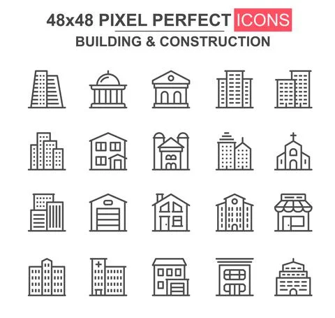 Building and construction thin line icon set. Church, cafe, museum, office ce Ilustración de archivo