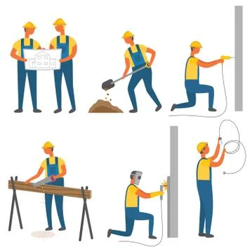 Building and Construction Works, Workers and Tools Ilustración de archivo