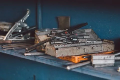 Building and measuring tools in the workshop. Stock Photos