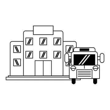 Building and school bus in black and white Ilustración de archivo