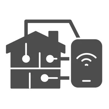Building and smartphone with connections solid icon, smart home symbol, remote Ilustración de archivo