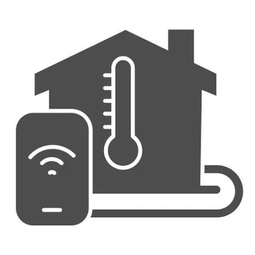 Building and thermometer with smartphone solid icon, smart home symbol, remote Ilustración de archivo