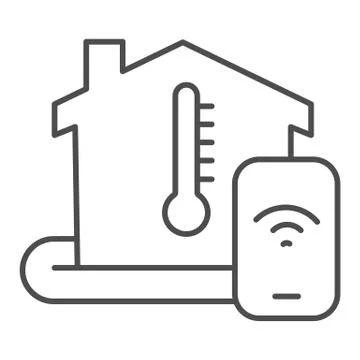 Building and thermometer with smartphone thin line icon, smart home symbol Ilustración de archivo
