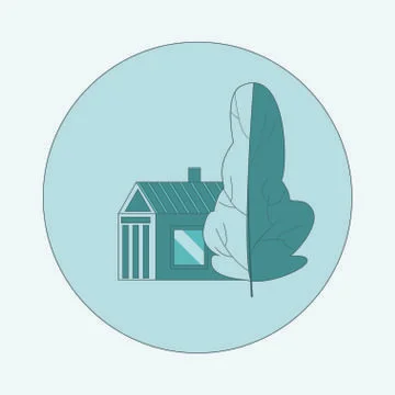 Building and tree icon. Blue colors vector logo in a circle frame Ilustración de archivo