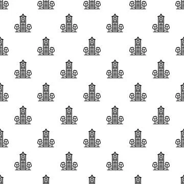 Building and tree line art seamless pattern Stock Illustration