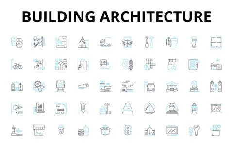 Building architecture linear icons set. Skyscraper, Blueprint, Facade, Columns Illustrazione stock